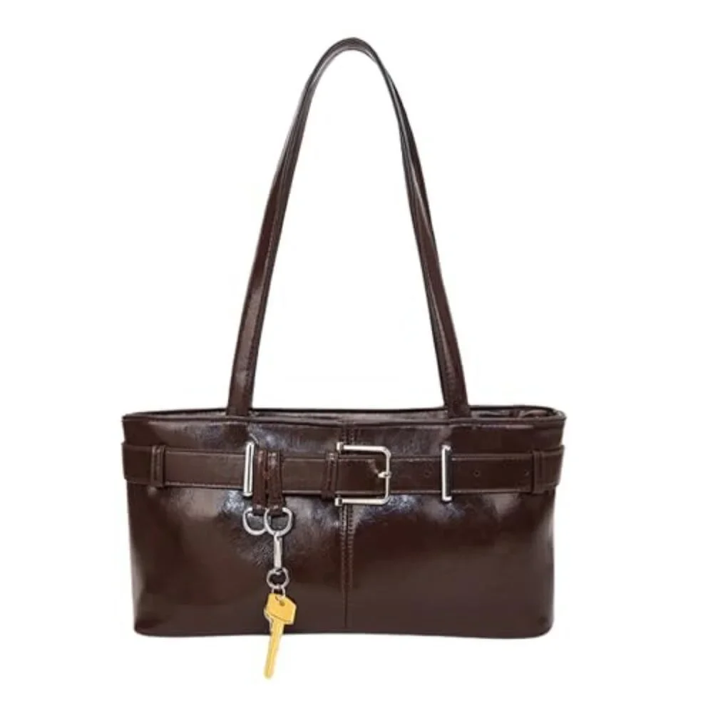 Medium Vegan Leather Tote with Belted Detail & Key Charm